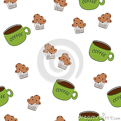 Seamless pattern: isolated cookies and coffee on a white background in flat vector style. Vector Illustration